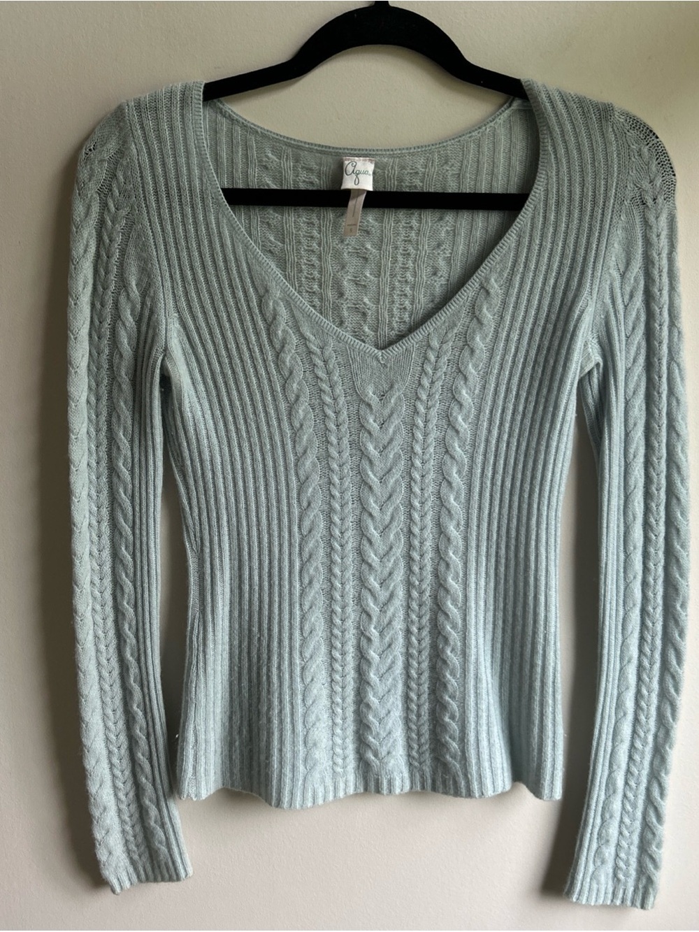 Aqua Pale Blue Ribbed Cable-Knit V-Neck Sweater